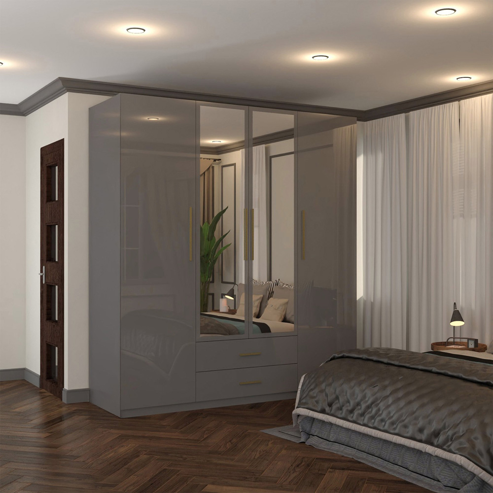 Sliding Wardrobes 4U XD1 4 Door 2 Drawer Grey High Gloss Gold Handle Mirror Wardrobe Image 3