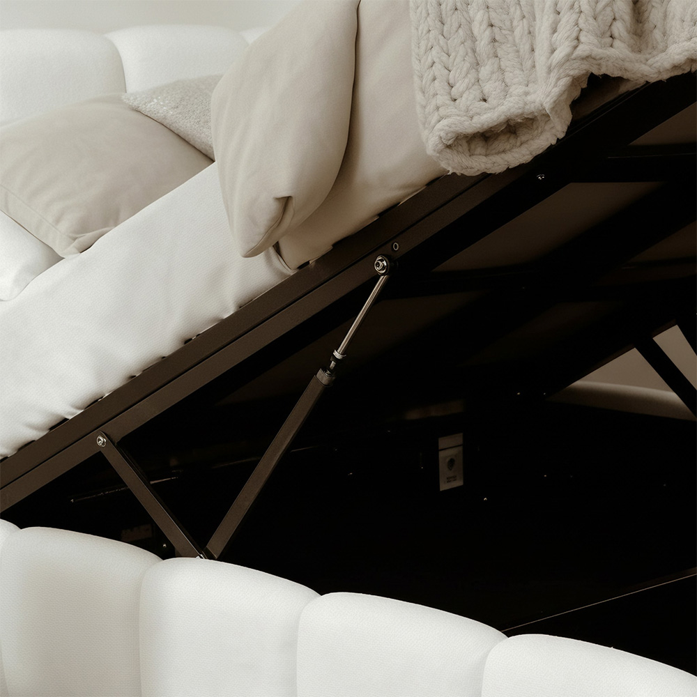 Home Source Bubble King Size White Textured Velvet Lift-Up Ottoman Bed with Fluted Headboard Image 2