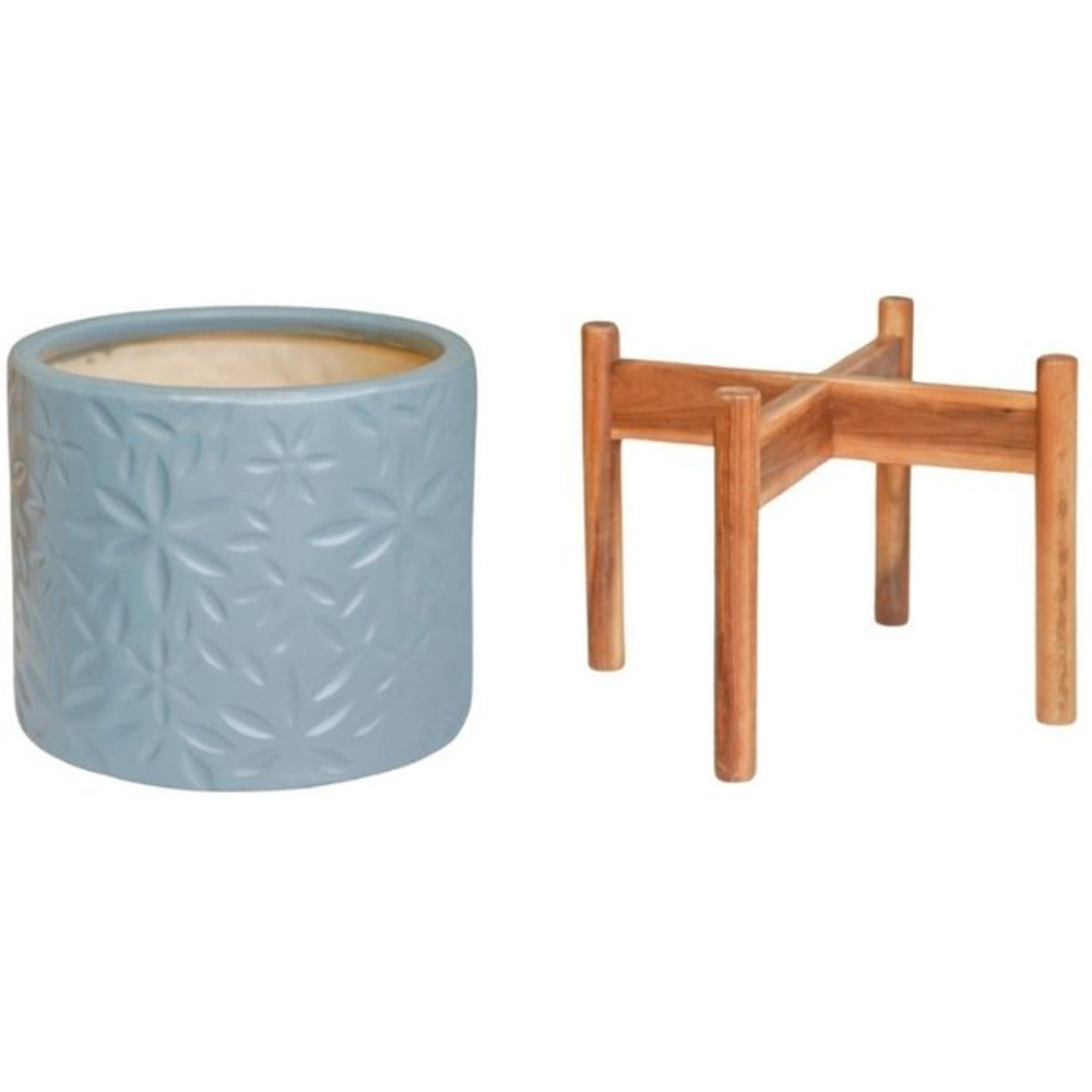 Ivyline Aspen Dusty Blue Flower Planter with Wooden Stand 28cm Image 2