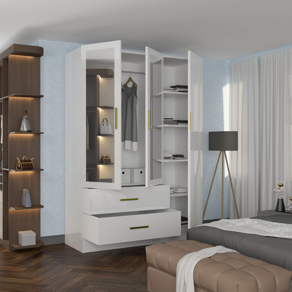 Sliding Wardrobes 4U XD2 3 Door 2 Drawer White High Gloss Gold Handle Mirror Wardrobe Image 3