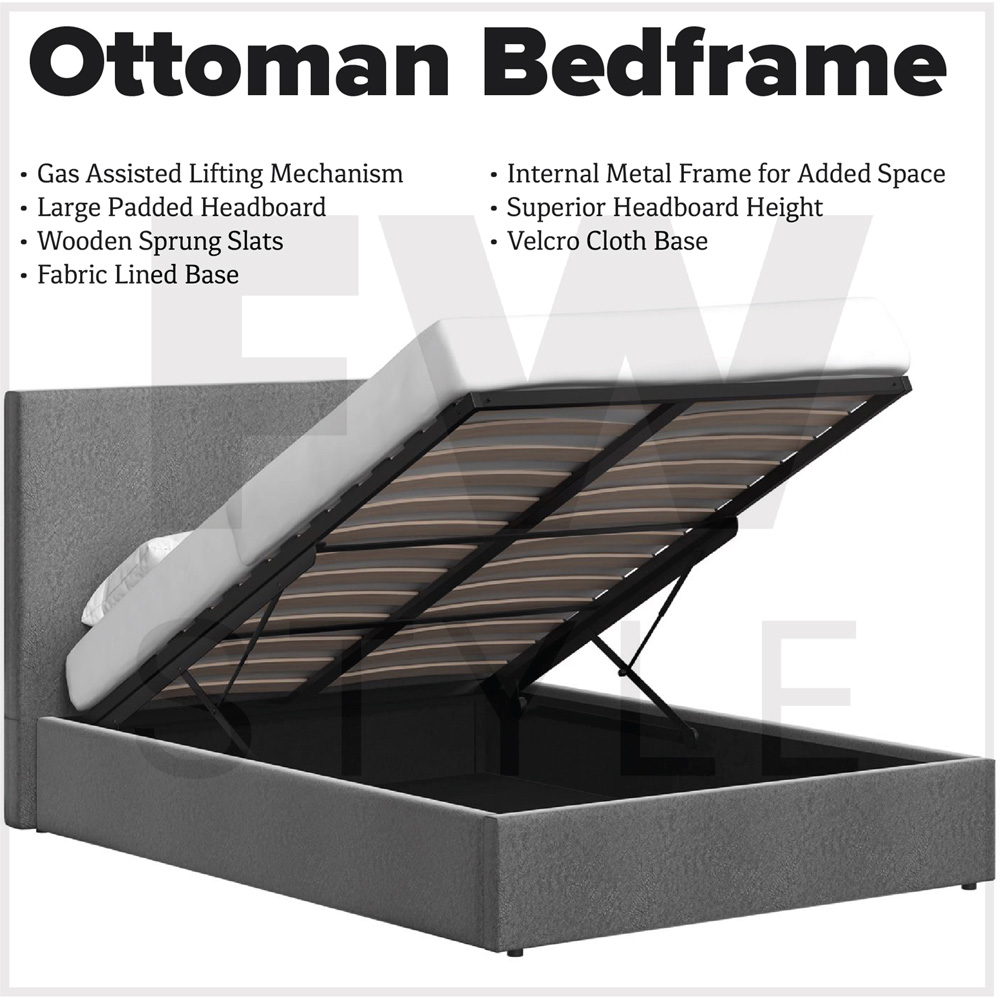 FWStyle Rufford Double Grey Fossil Front Lift Ottoman Bed Frame with Padded Headboard Image 3