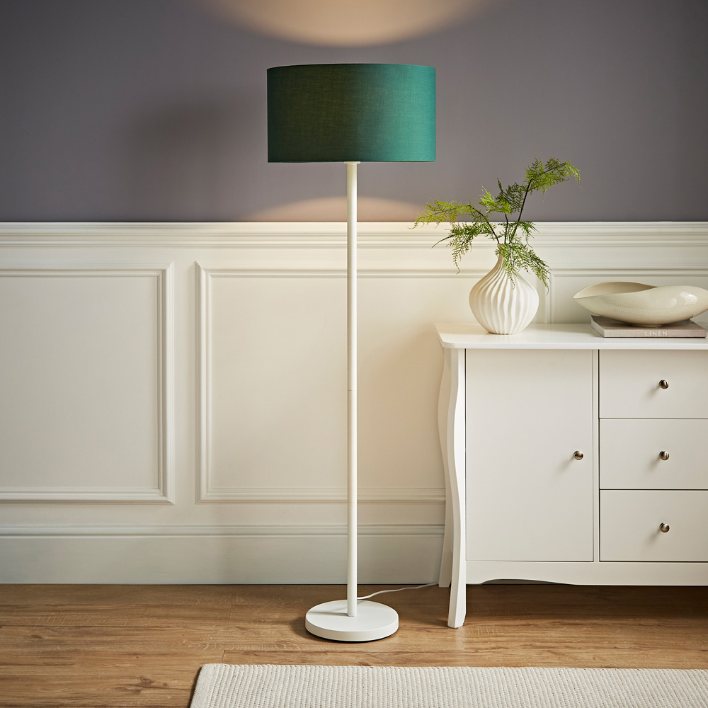 ValueLights Charlie Green Drum Shade White Floor Lamp and Bulb Image 2