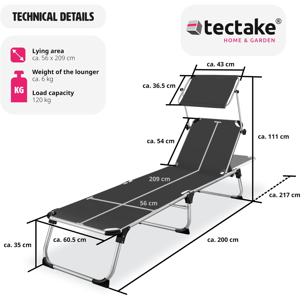 tectake Aurelie Black 6 Step Adjustable Backrest Sun Lounger Image 8