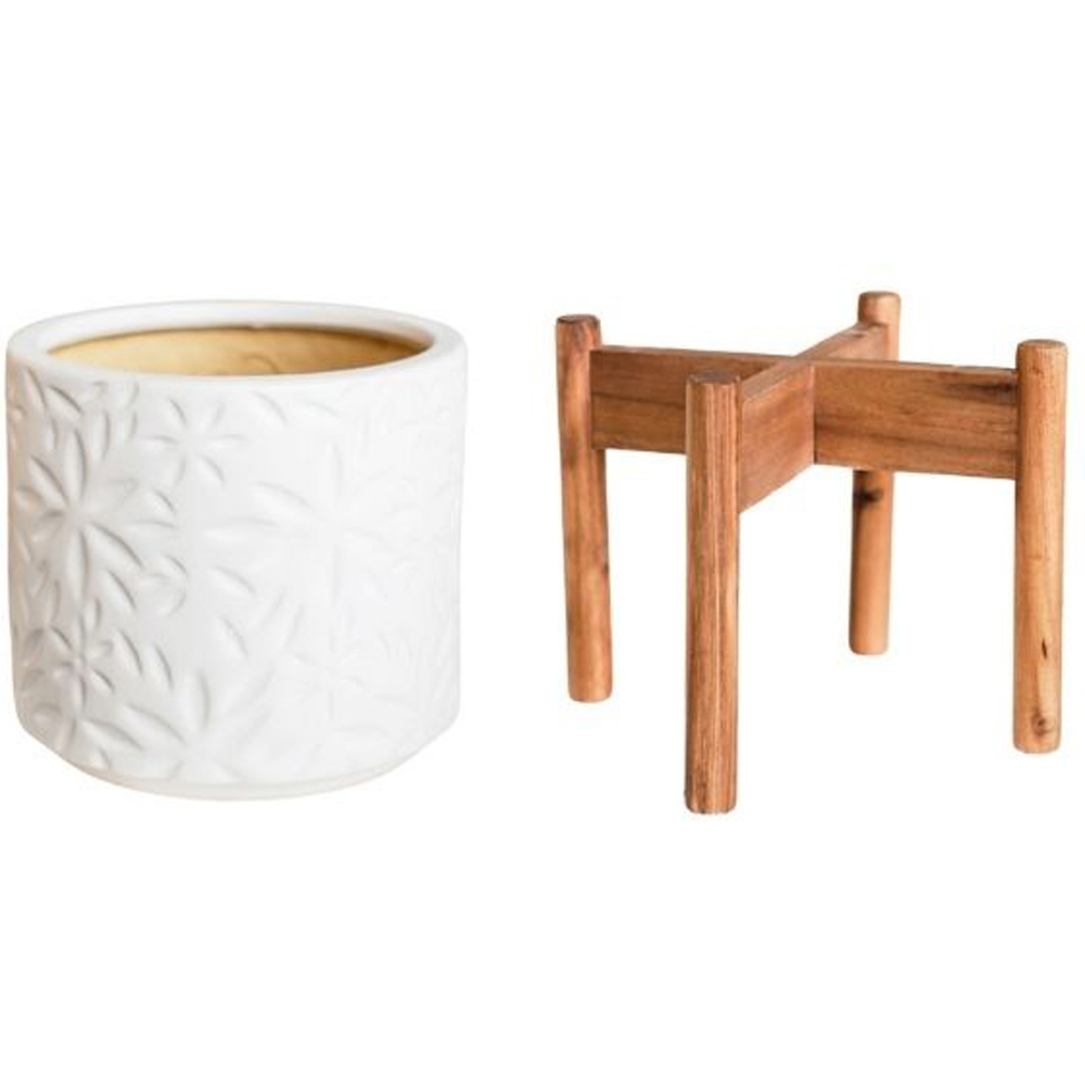 Ivyline Aspen White Flower Planter with Wooden Stand 28cm Image 2