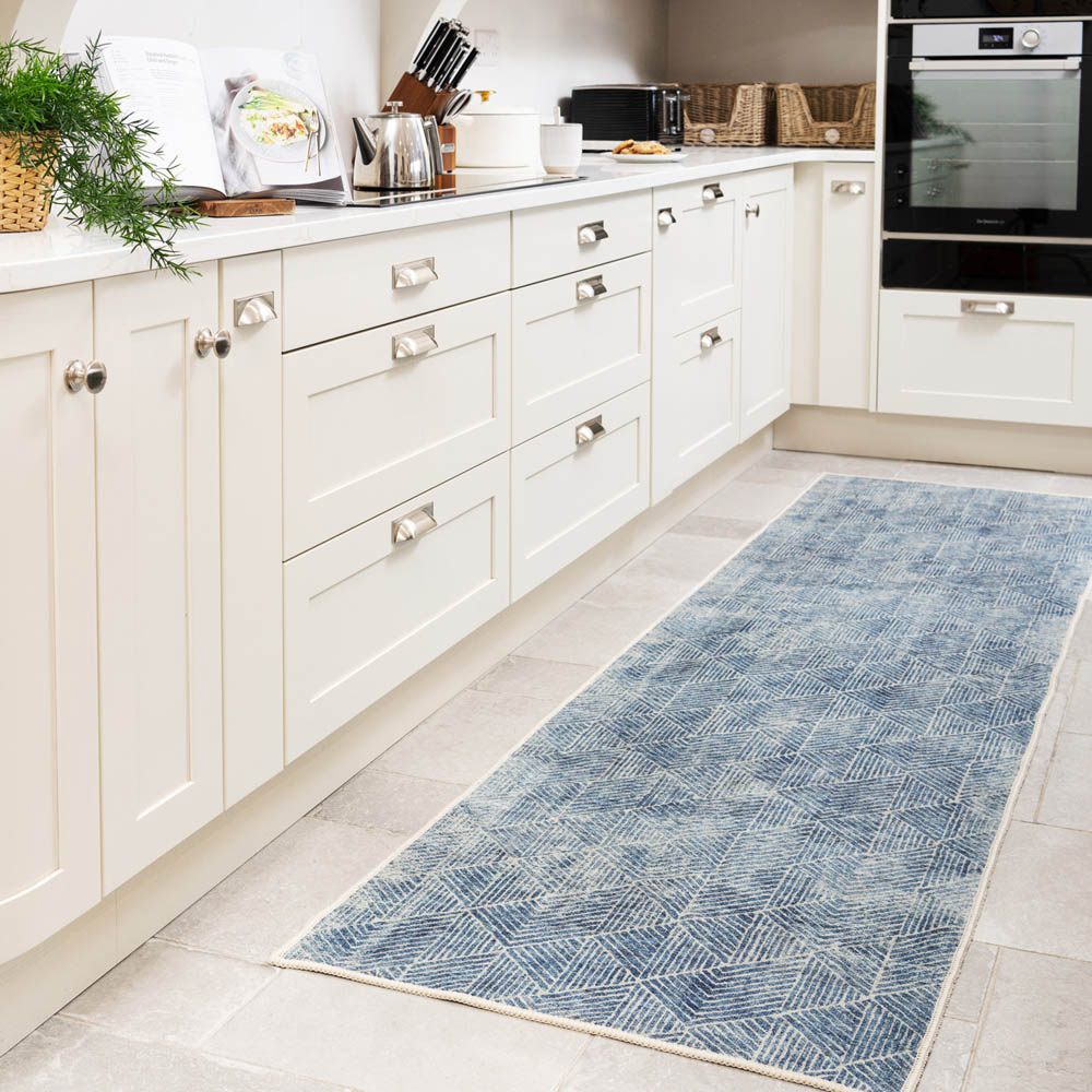 Kukoon Denim Blue Geometric Distressed Rug 80 x 300cm Image 3