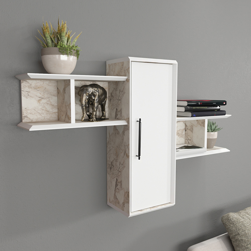 Decorotika Olida Single Door 4 Shelf White Marble Effect and White Wall Display Unit Image 3
