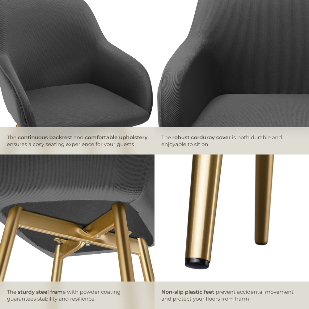 tectake Marilyn Set of 2 Anthracite and Gold Corduroy Padded Dining Chair Image 6