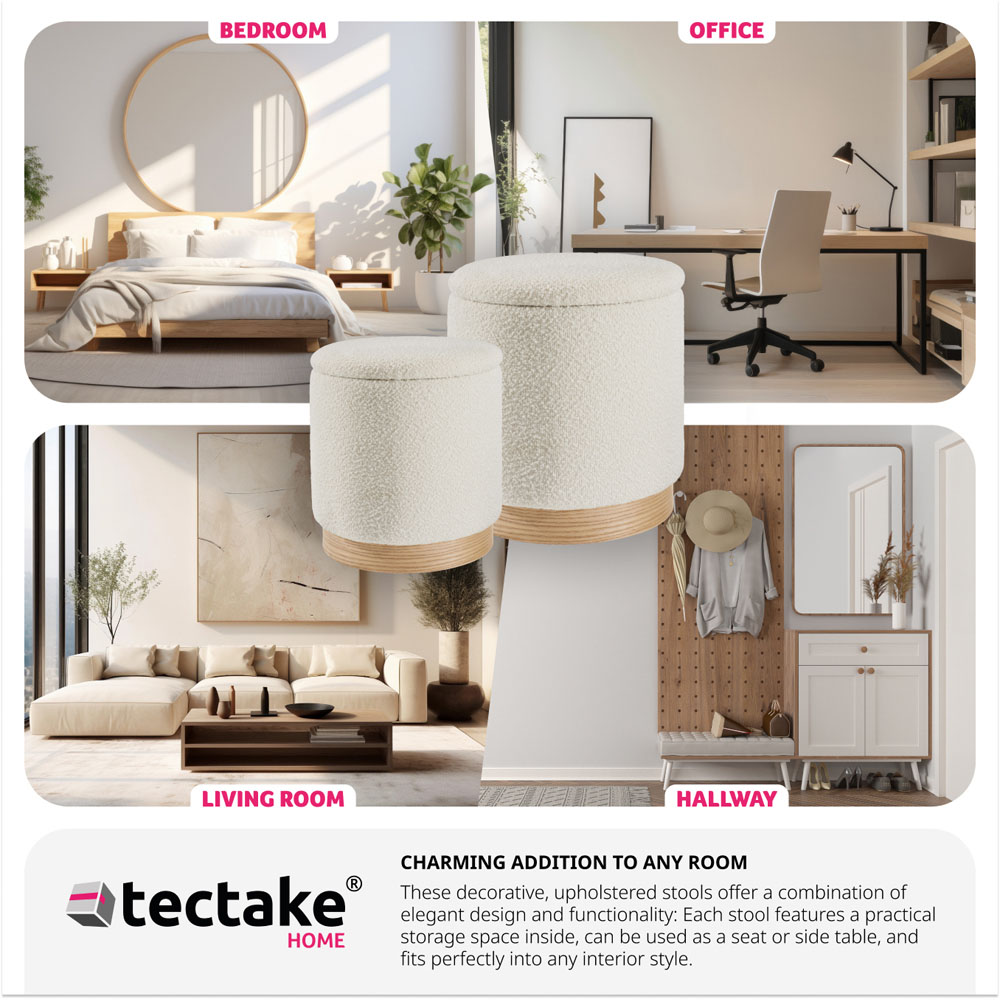 Tectake Orchid Set of 2 White Boucle Padded Stools with Storage Image 7