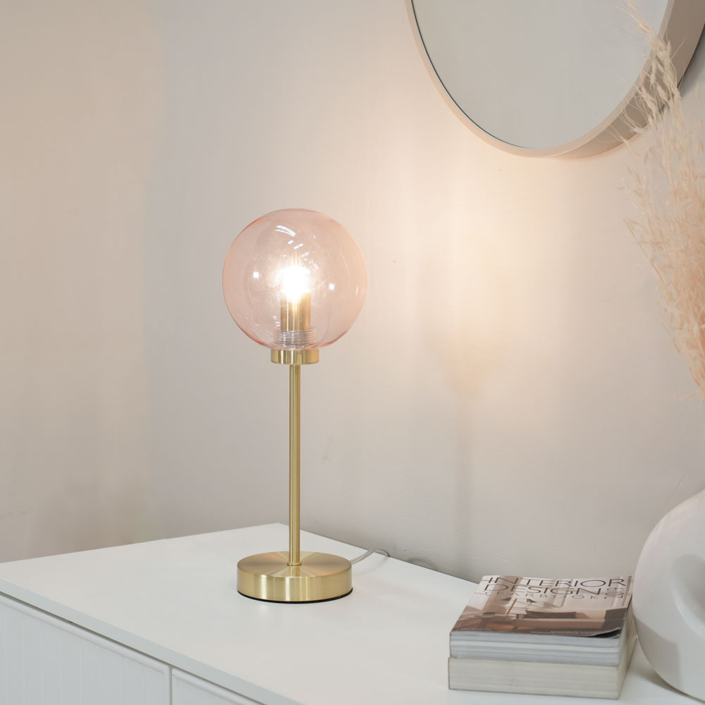 ValueLights Frenchie Pink Tinted Globe Gold Stem LED Table Lamp Image 2