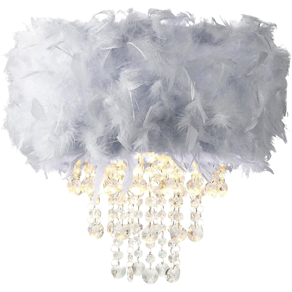 Happy Homewares Grey Feather Drum Pendant Shade with Clear Acrylic Droplets Image 2