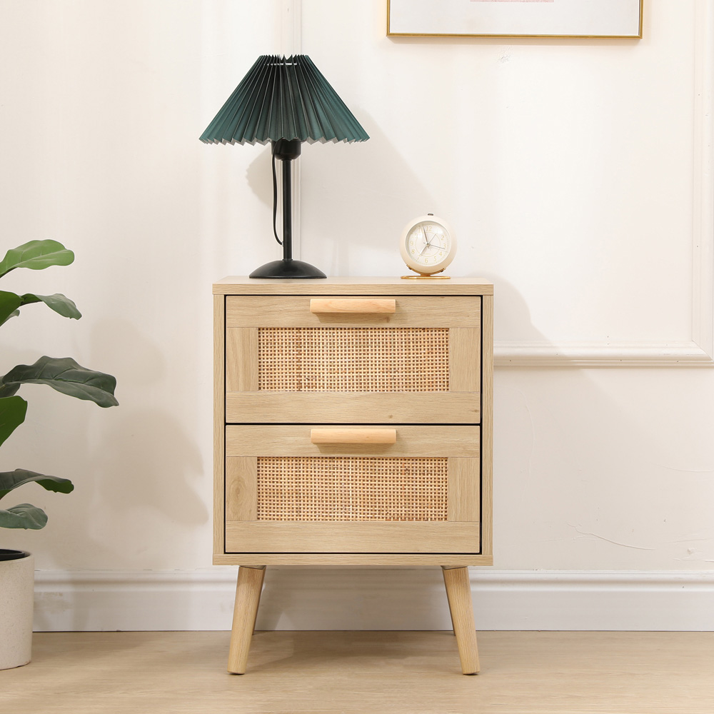 FurnitureHMD 2 Drawer Wooden and Rattan Weaving Bedside Table Image 9