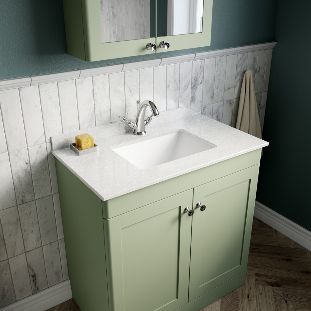 nuie Classique 2 Door Satin Green Floor Standing Unit and 1 Tap Hole Marble Top Square Basin 800mm Image 2