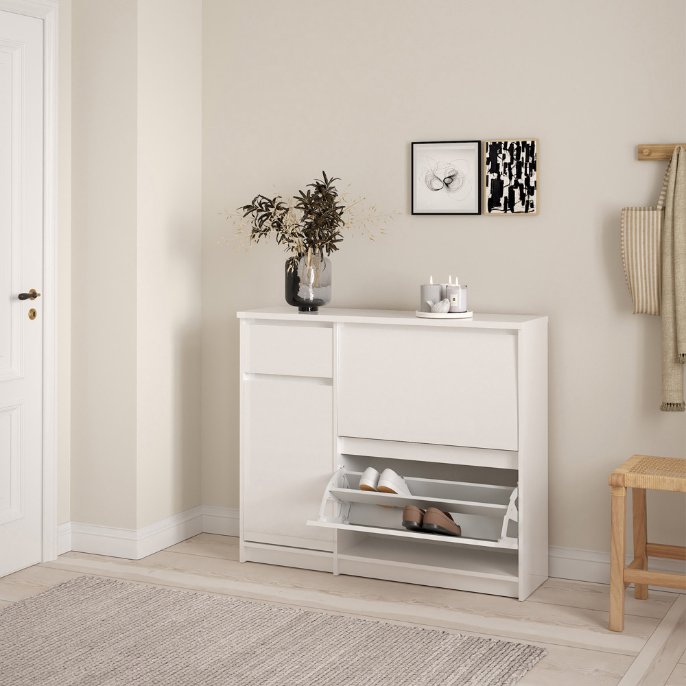 Florence Single Door 3 Drawer White High Gloss Shoe Cabinet Image 6