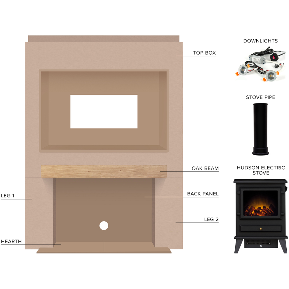 Acantha Black Pre-Built Stove Media Wall 2 with TV Recess and Hudson Electric Stove Image 3