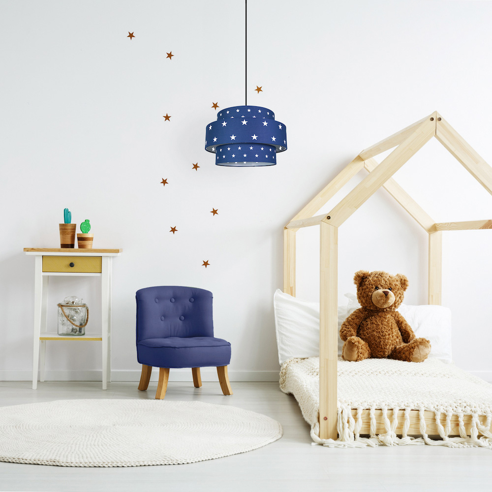 Happy Homewares 3 Tier Midnight Blue Cotton Pendant Shade with Stars Decor Image 2