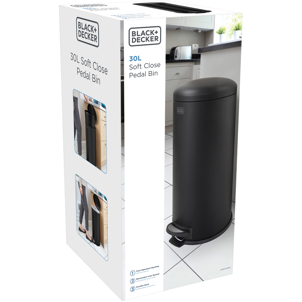 Black + Decker Matt Black Dome Lid Pedal Bin 30L Image 6