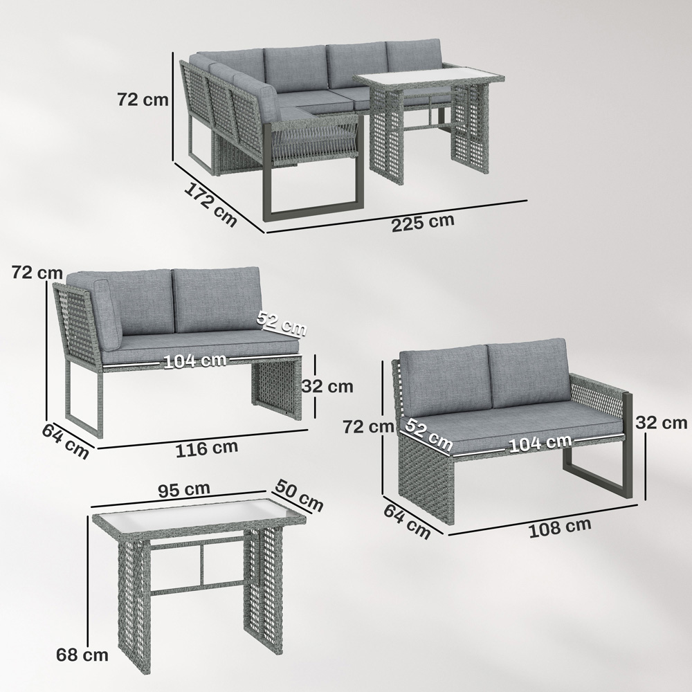 Outsunny 6 Seater Grey Rattan Garden Loveseat Sofa Lounge Set with Cushion Image 9