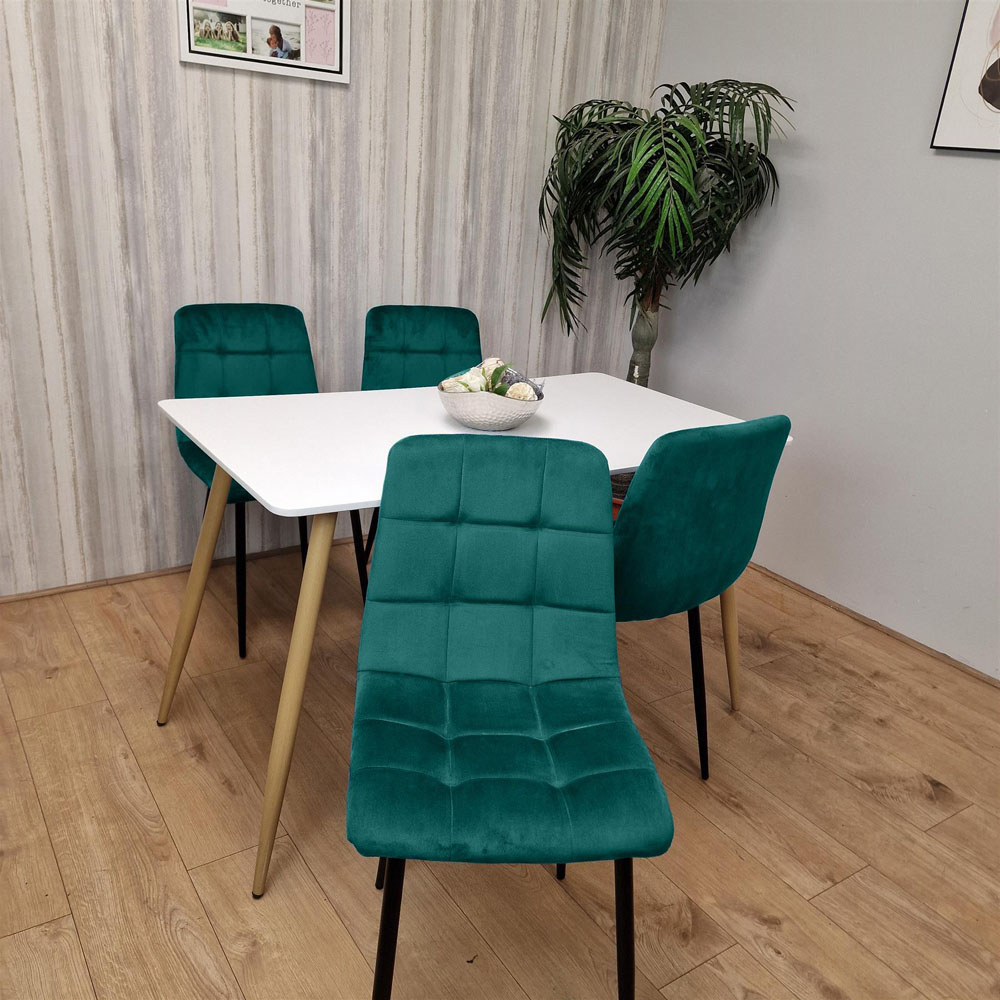Kosy Koala 4 Seater Wooden and Velvet Dining Table Set White and Green Image 3