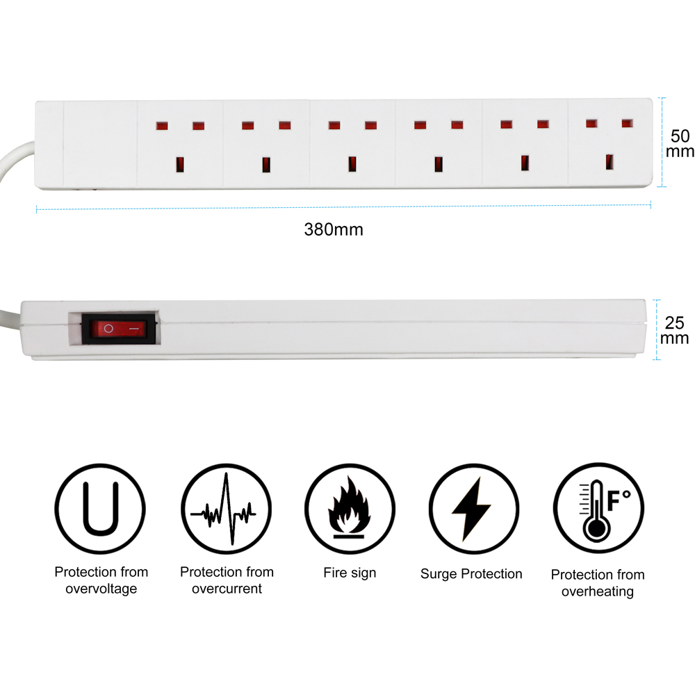 ExtraStar 6 Way 13A White Extension Lead with Switch 1m Image 6