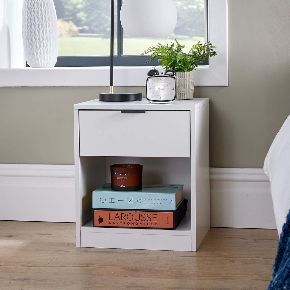 Home Source Phoenix Single Drawer Single Shelf White Bedside Table Image 5
