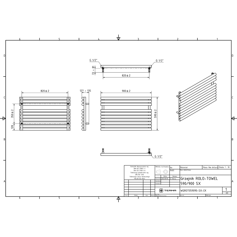 Terma Rolo Towel Brass Electric Towel Rail with VEO Element Controller 590 x 900mm Image 6