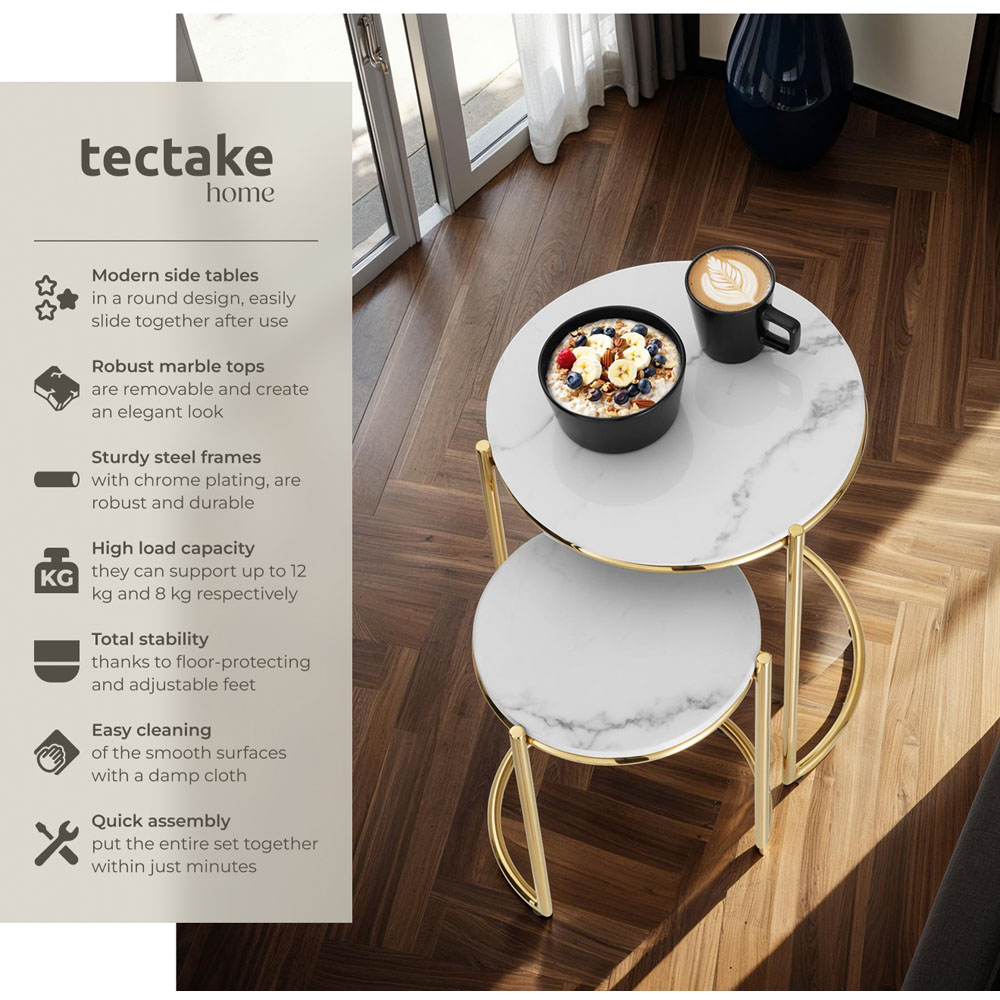 tectake Side Table Ellsa White and Gold Marble Top Side Table Set of 2 Image 6
