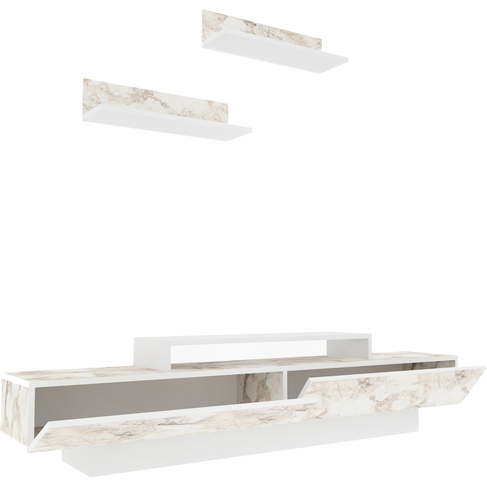 Decorotika Lusi 2 Door Single Shelf White Marble Effect and White TV Unit with 2 Wall Shelf Image 6