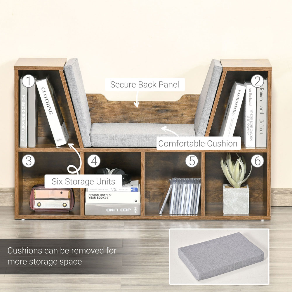 Portland 6 Shelf Brown Bookcase with Cushioned Reading Seat Image 6