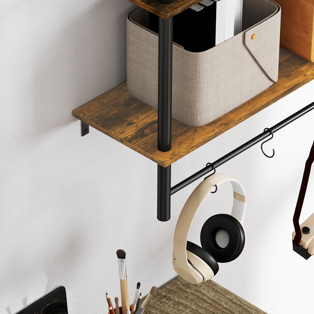 Portland 2 Tier Rustic Brown Wall Shelf Unit with 4 Hooks Image 3
