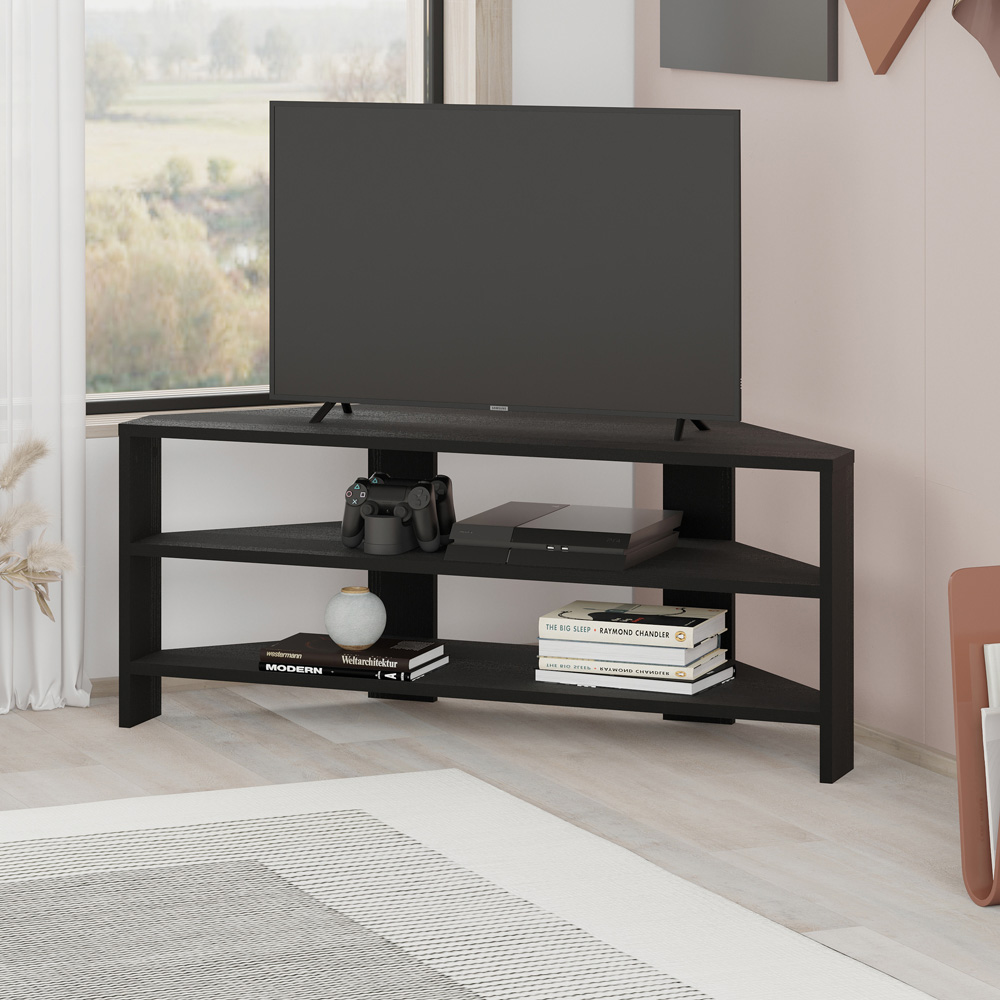 Decortie Thales 2 Shelf Black Wood Modern Corner TV Unit Image 4