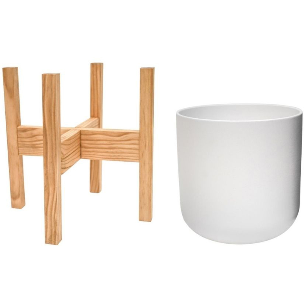 Ivyline Lisbon White Plant Pot with Wooden Stand 26cm Image 2