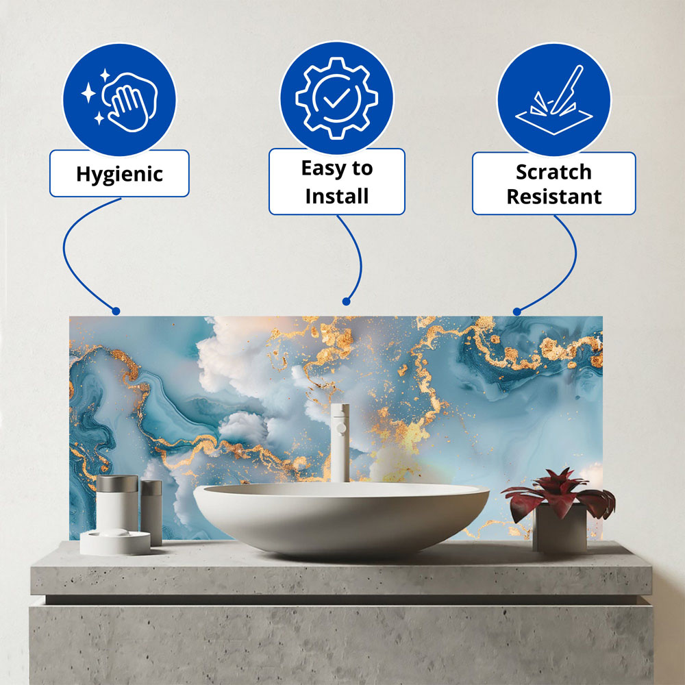 Warren Reed Designer Blue and Gold Marble Effect Bathroom Splashback 25 x 60cm Image 3