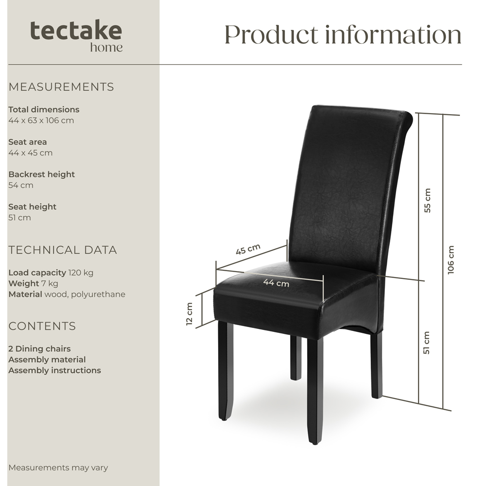 tectake Set of 2 Black Faux Leather High Backrest Dining Chair Image 9
