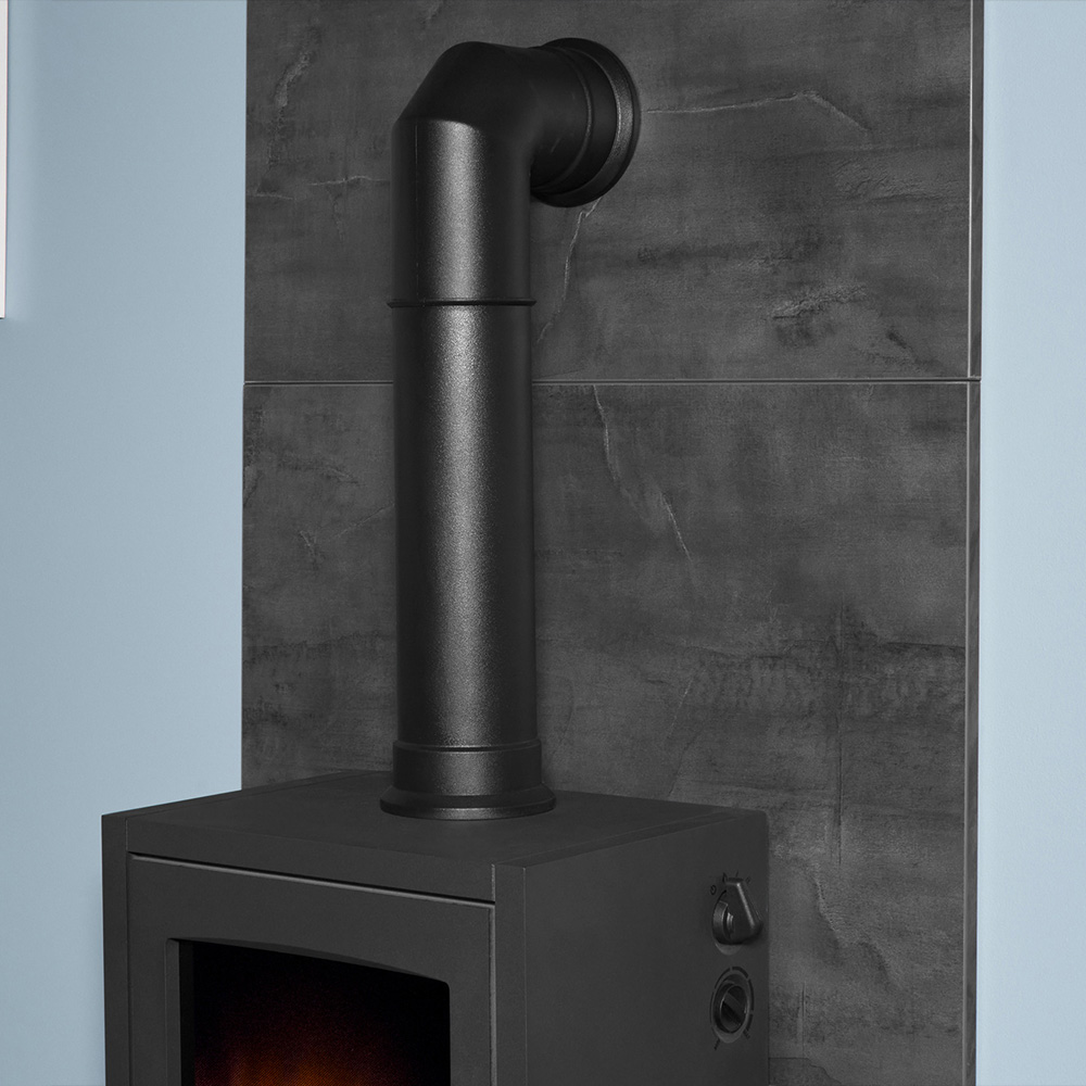Acantha Slate Venetian Plaster Effect Tile and Hearth with Bergen XL Electric Stove and Angled Pipe Image 4