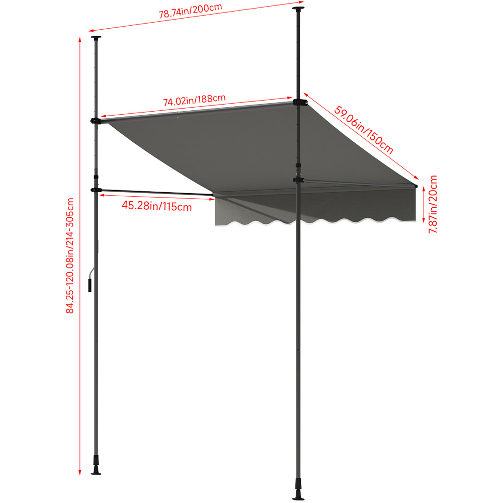 Living and Home Grey Wavy Valance Retractable Height Adjustable Awning 2m Image 9