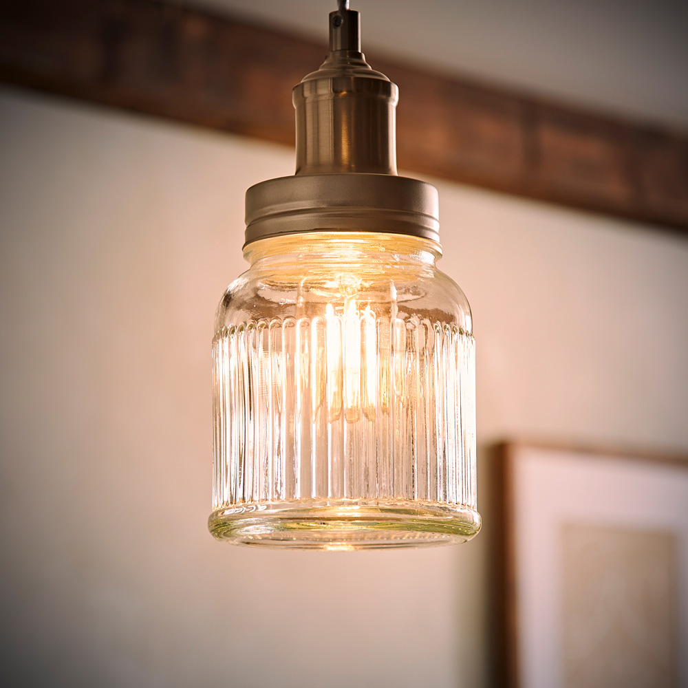 ValueLights Brushed Chrome Ribbed Pattern Glass Jar Pendant Shade Image 2