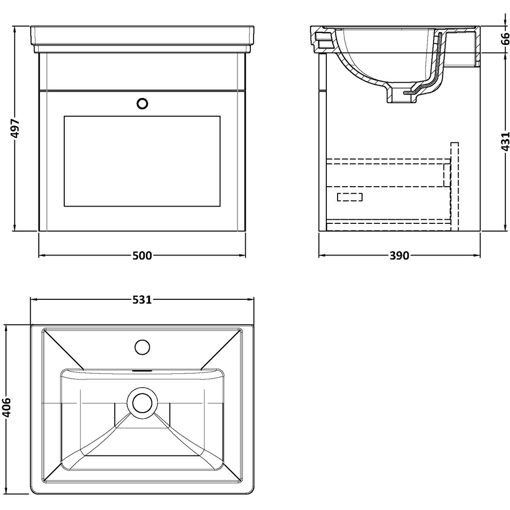 nuie Classique 1 Drawer Satin White Wall Hung Vanity Unit and 1 Tap Hole Fireclay Basin 500mm Image 2