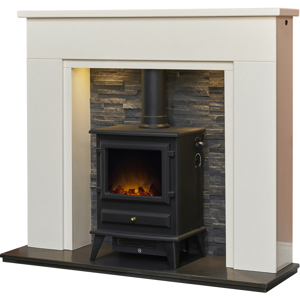 Acantha Rimini White Marble and Black Fireplace with Downlights and Hudson Electric Stove 48 inch Image 3