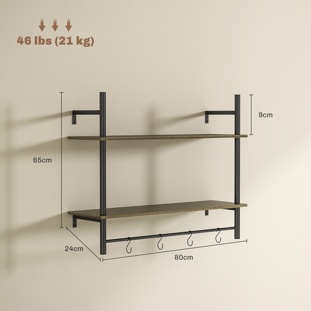 Portland 2 Tier Grey Wall Shelf Unit with 4 Hooks Image 9