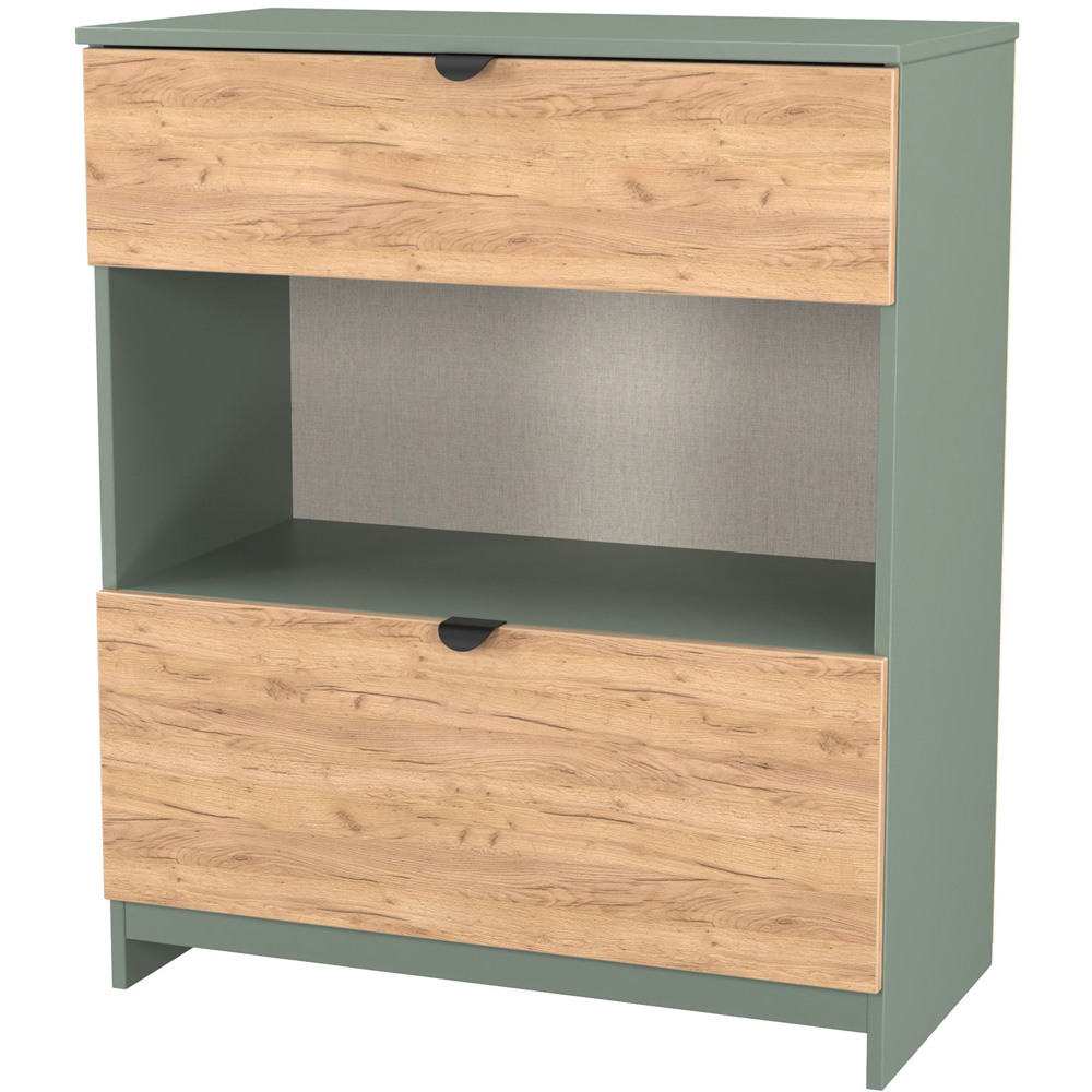 Crowndale Bora 2 Drawer Single Shelf Gold Oak and Reed Green Storage Unit Image 4