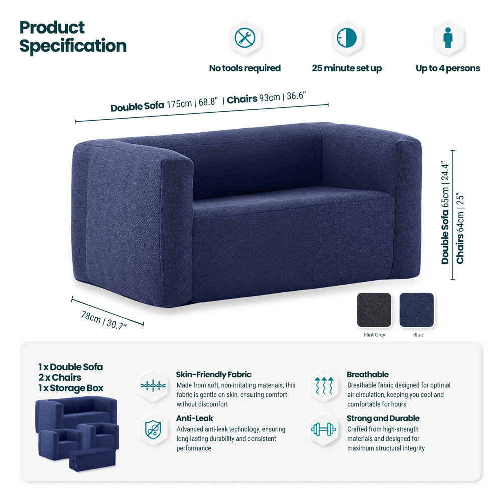 Wave Spas 4 Seater Navy Inflatable Flocked Sofa and Chair Set Image 9