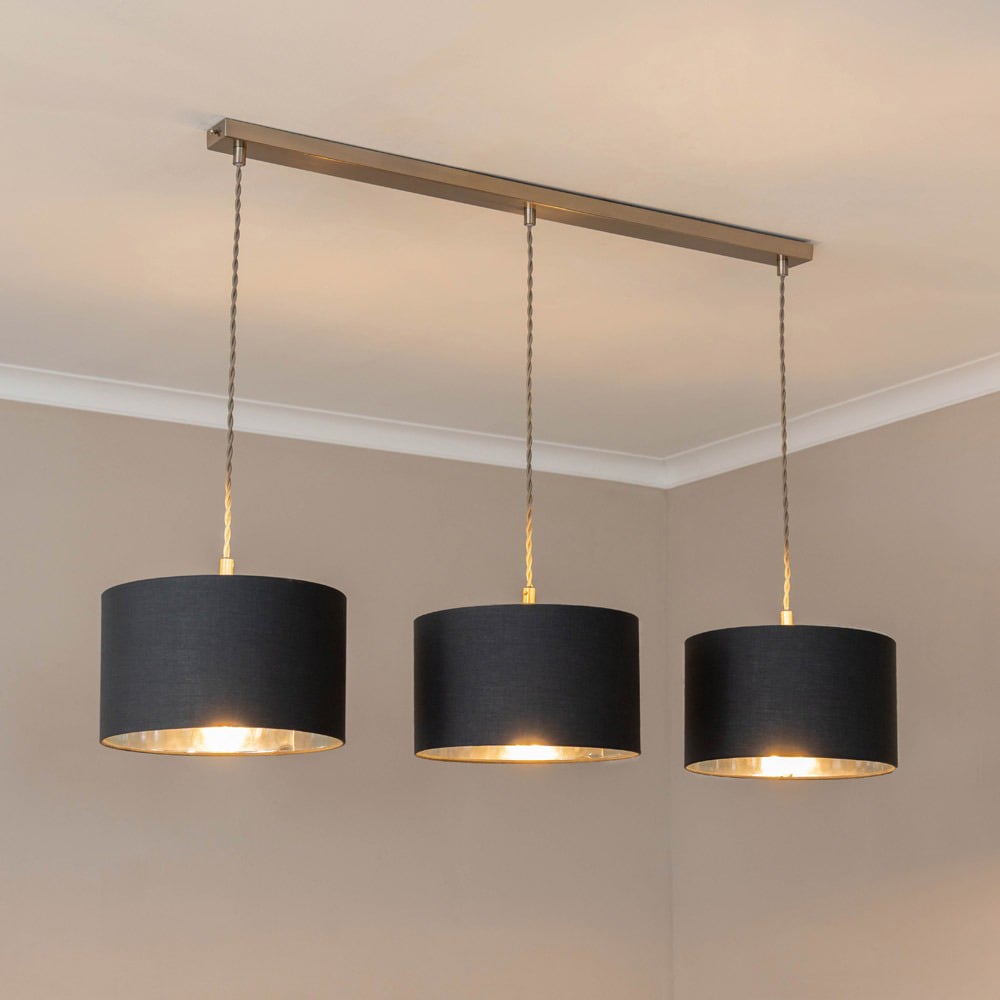 ValueLights Reni Charcoal Chrome Drum Shade 3 Drop Bar Chrome Diner LED Ceiling Pendant Light Image 2