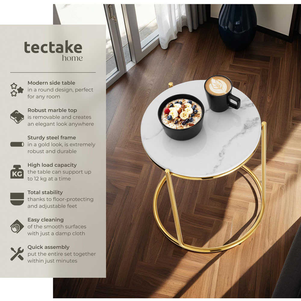 tectake Side Table Ellsa White and Gold Marble Top Side Table Image 6