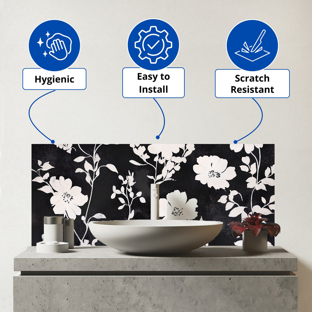 Warren Reed Designer Black and White Floral Silhouette Glass Bathroom Splashback 25 x 60cm Image 3