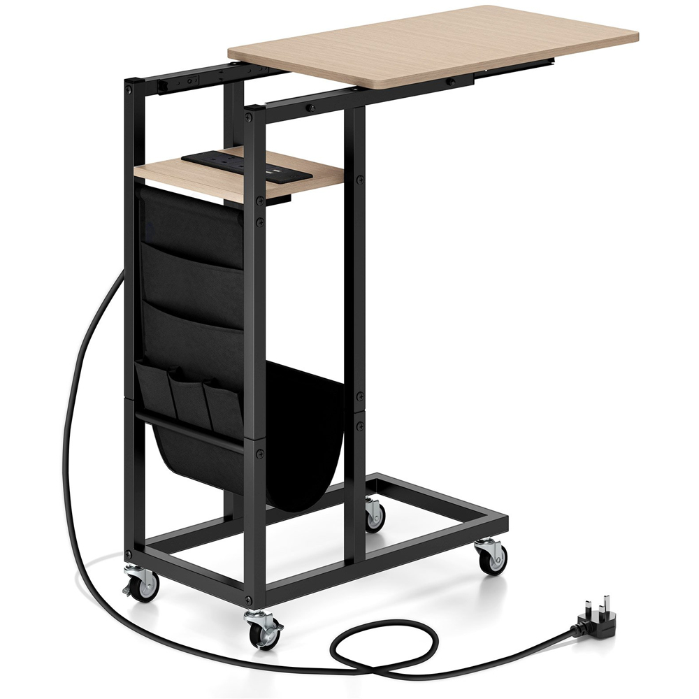 Costway Natural C Shaped End Table Rolling with Charging Station and Retractable Tabletop Image 2