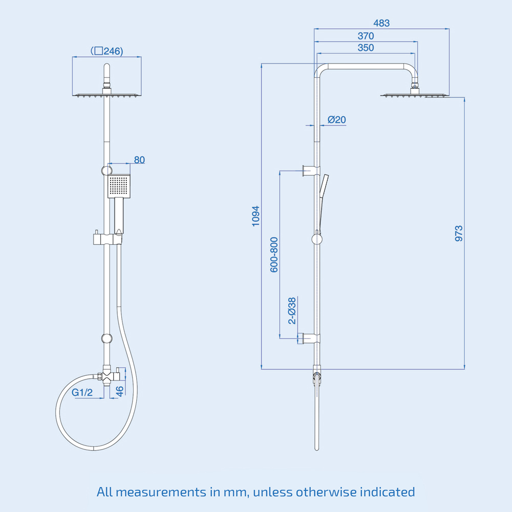Nes Home Kenton Matte Black Square Riser Rail Shower Kit with Bath Filler Tap with Handset Image 4