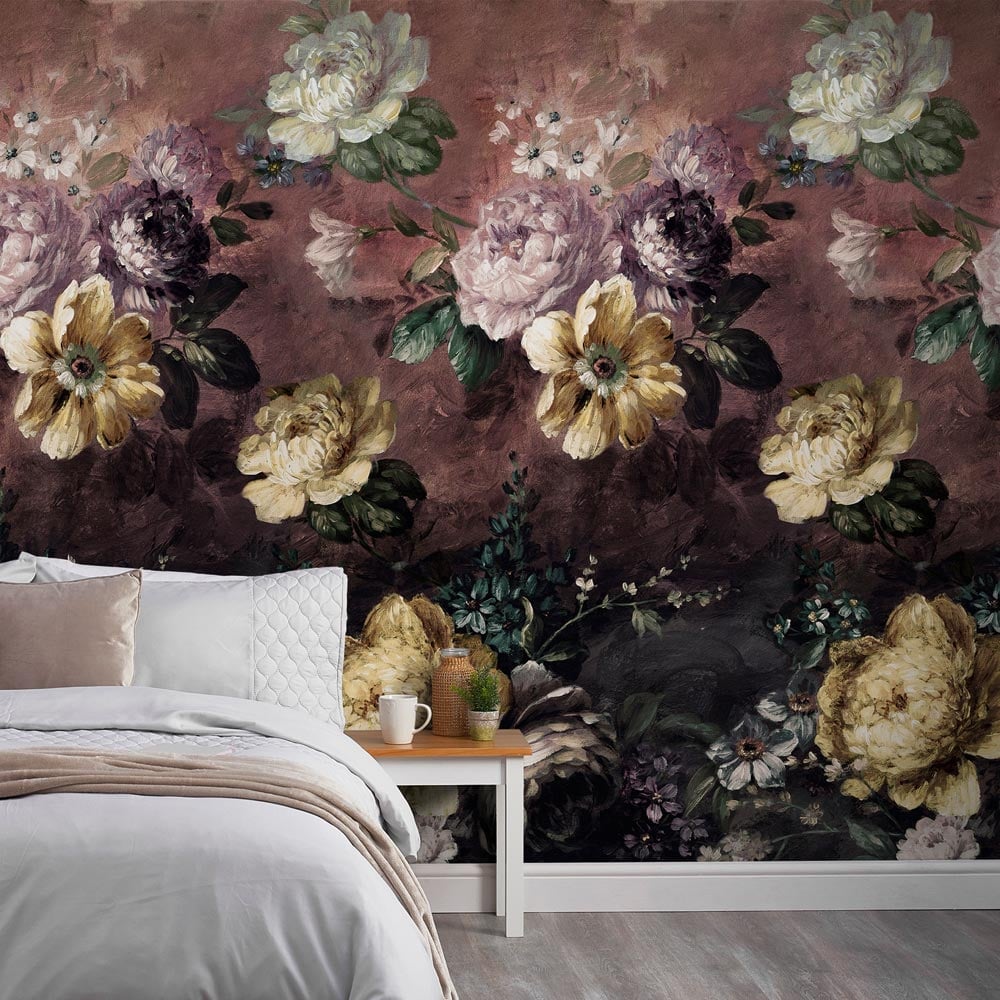 Grandeco Painted Flowers Burgundy 3 Lane Wall Mural Image 2