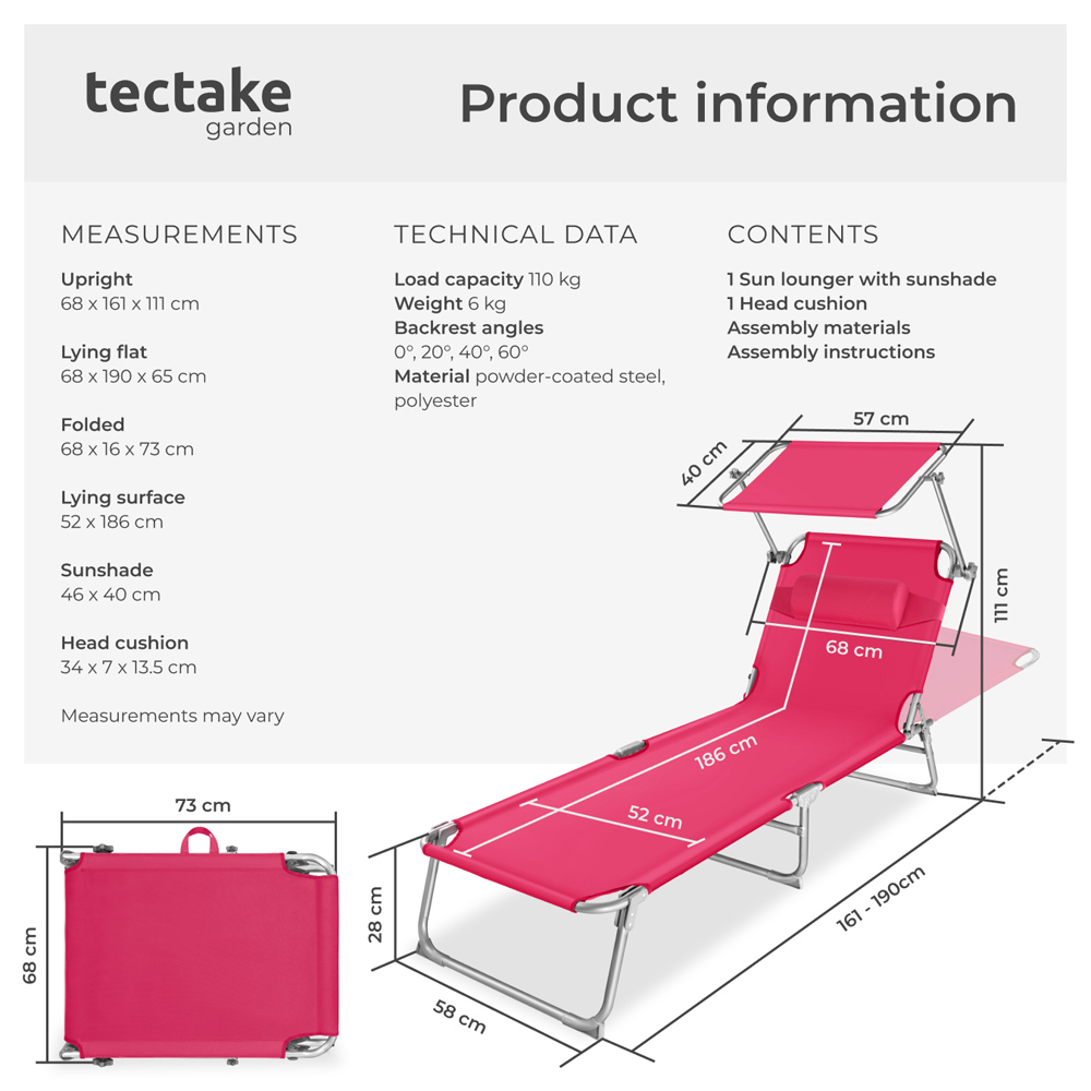 tectake Chloe Pink 4 Step Backrest Foldable Sun Lounger Image 9