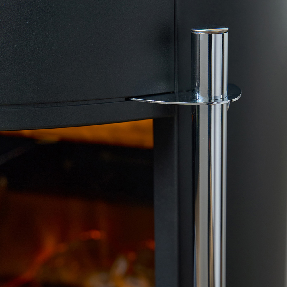 Sureflame Dunston Black Round Electric Stove with Log Storage and Angled Stove Pipe Image 5