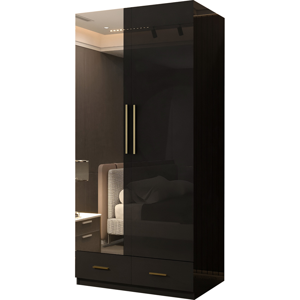 Sliding Wardrobes 4U XD4 2 Door 2 Drawer Black High Gloss Gold Handle Mirror Wardrobe Image 2